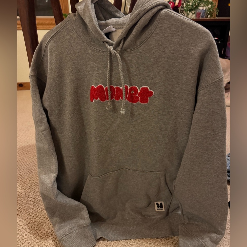 Monet grey hoodie, letterman jacket styled design. size M